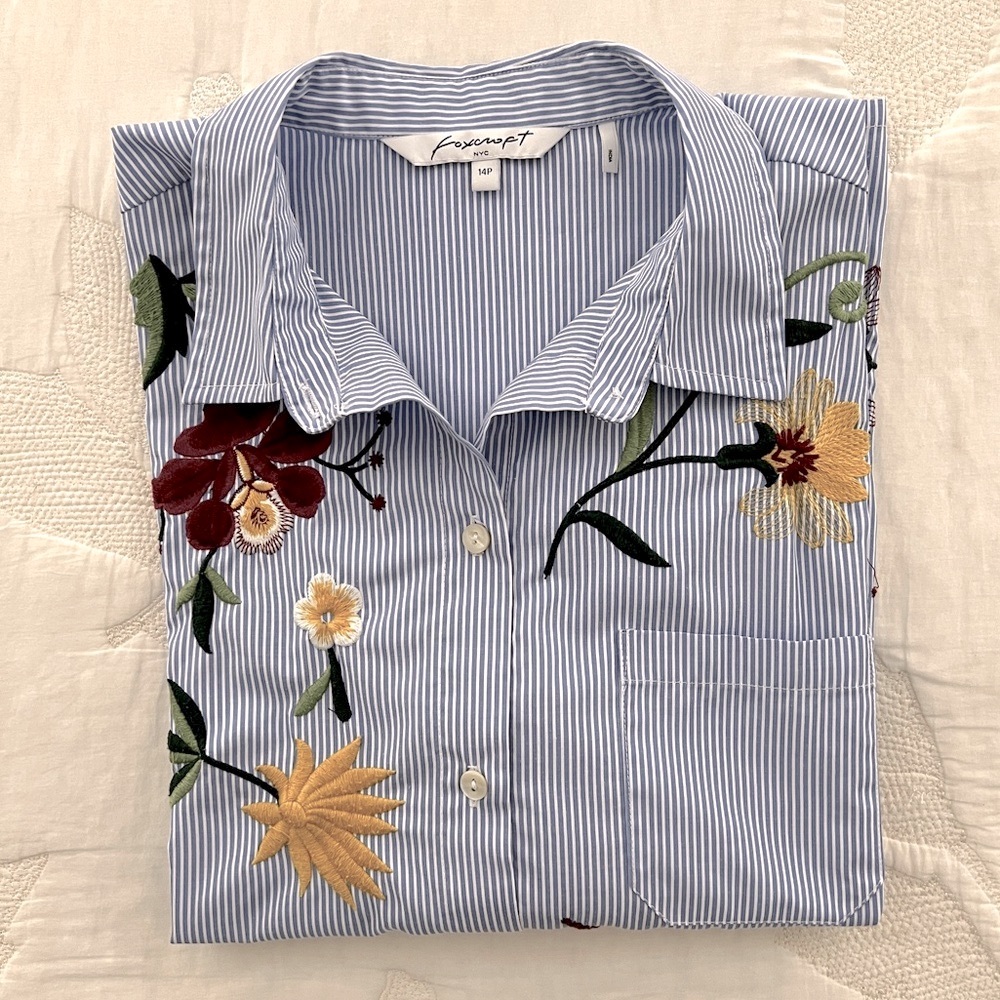 Pinstriped Wrinkle Free Embroidered Blouse  14P